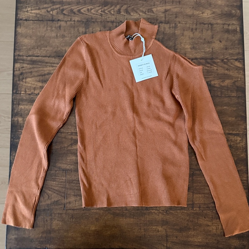 Honey Punch Camel Ribbed Mock Neck Sweater